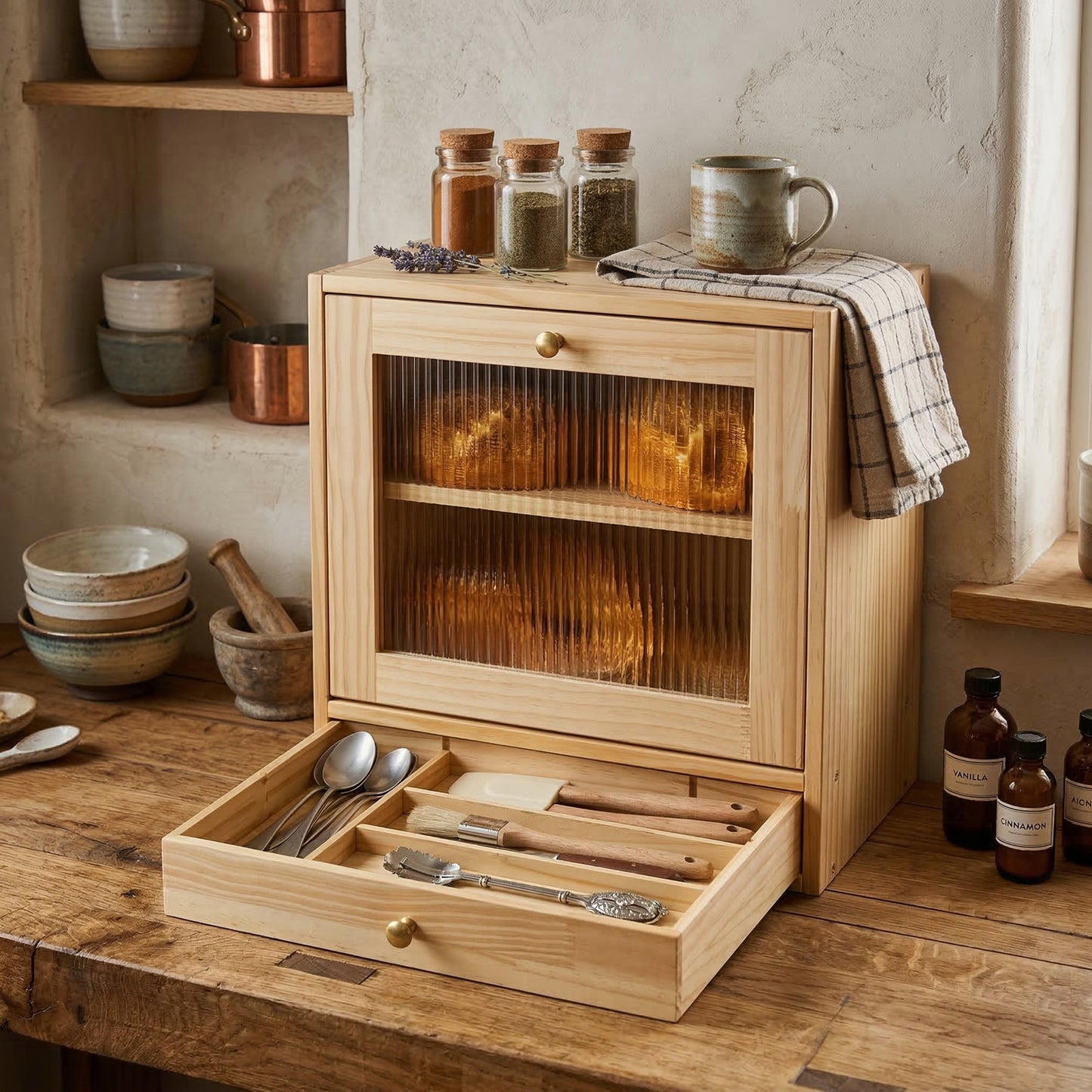 Minimalist Solid Wood Bread & Countertop Cabinet