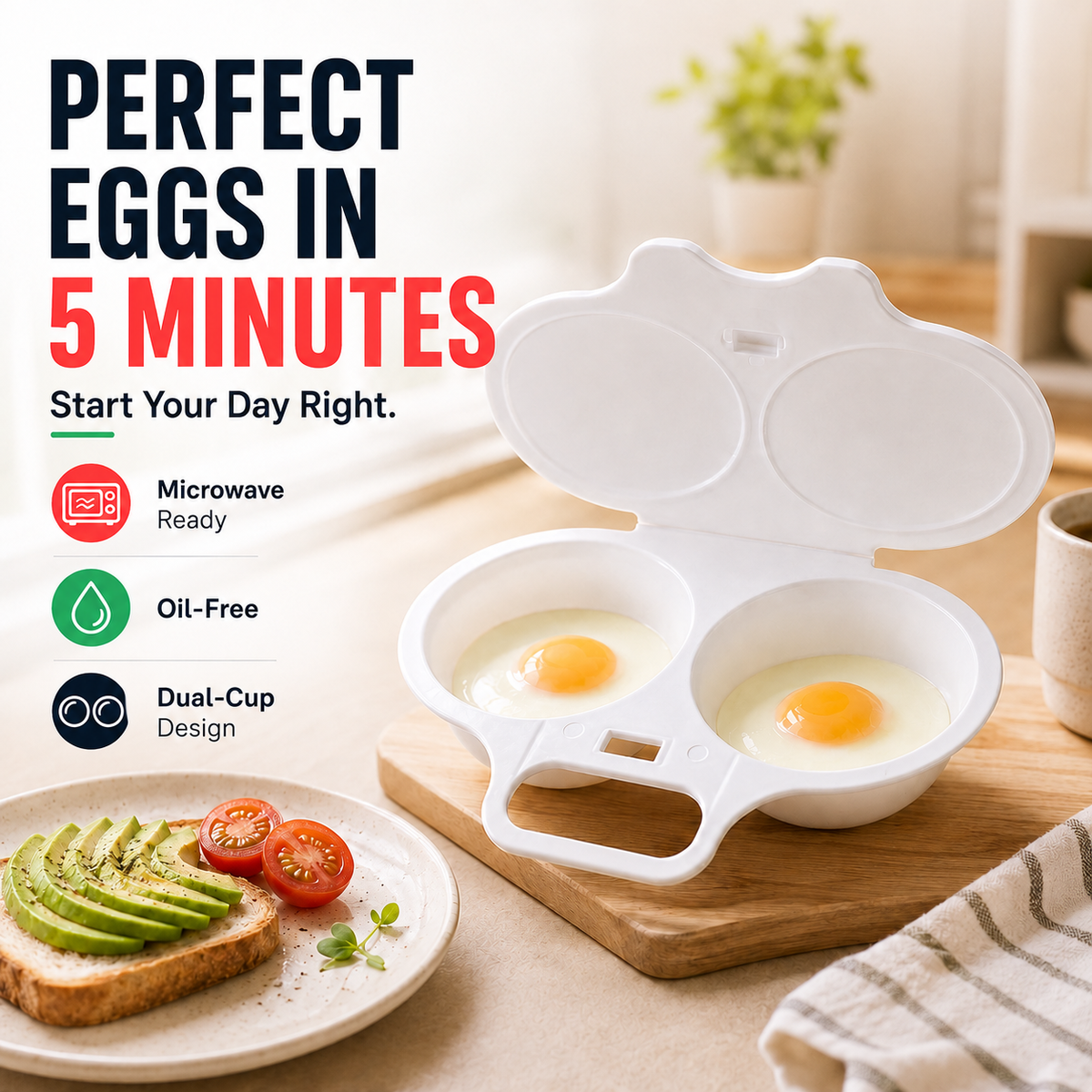 🍳 BUY 1 GET 1 FREE! ✨ Dual Cavity Microwave Egg Poacher – Quick Oil-Free Cooking, Food-Grade PP & Versatile Kitchen Essential 💫