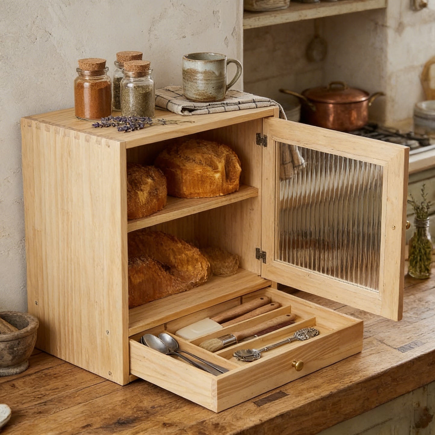 Minimalist Solid Wood Bread & Countertop Cabinet