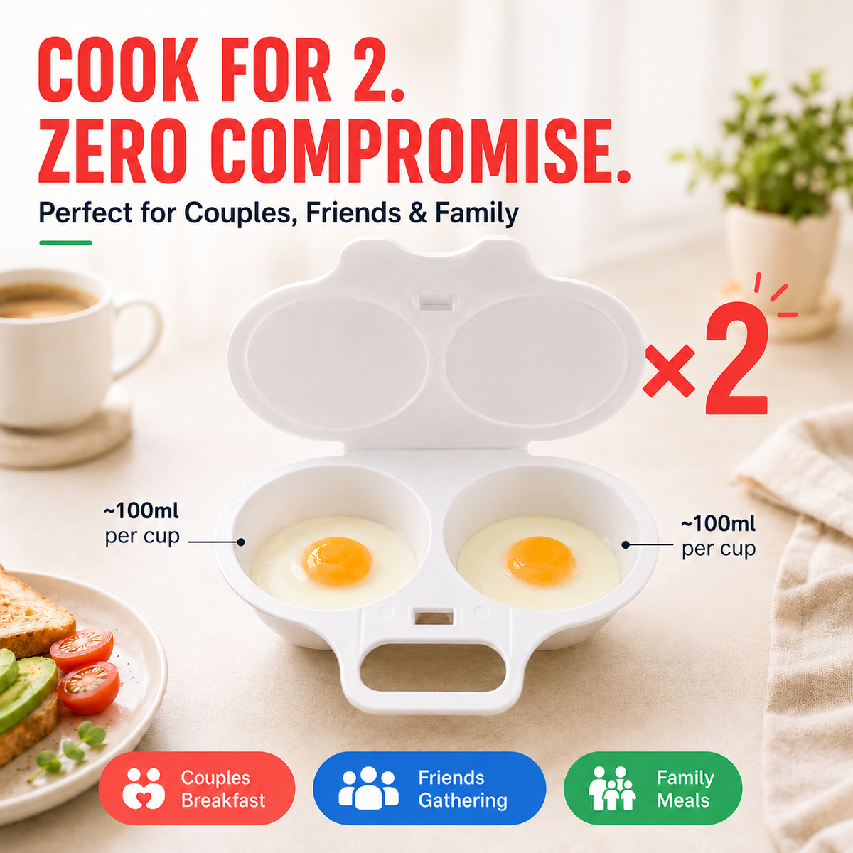 🍳 BUY 1 GET 1 FREE! ✨ Dual Cavity Microwave Egg Poacher – Quick Oil-Free Cooking, Food-Grade PP & Versatile Kitchen Essential 💫