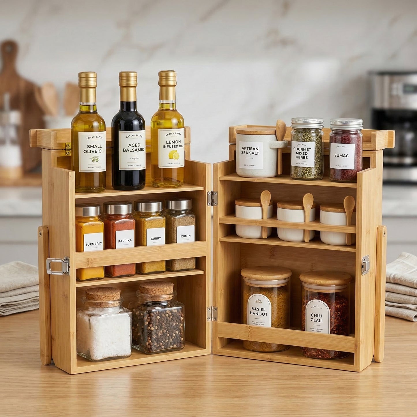 Foldable Wooden Spice Cabinet & Countertop Organizer