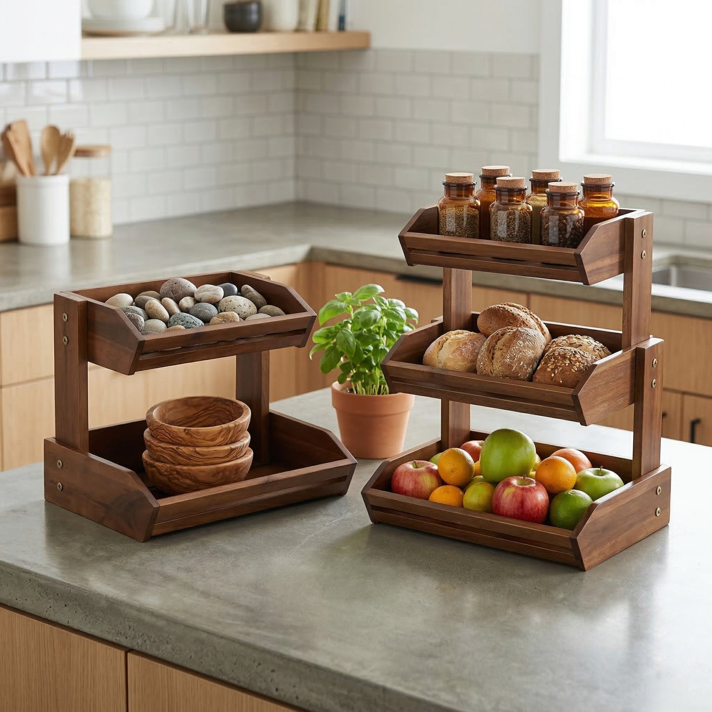 Eco-Friendly Tiered Wooden Countertop Organizer