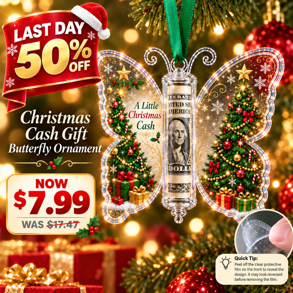 Last Day 50% OFF🦋💵 Christmas Cash Gift Butterfly Ornament – Holiday Money Holder Keepsake 🎄✨
